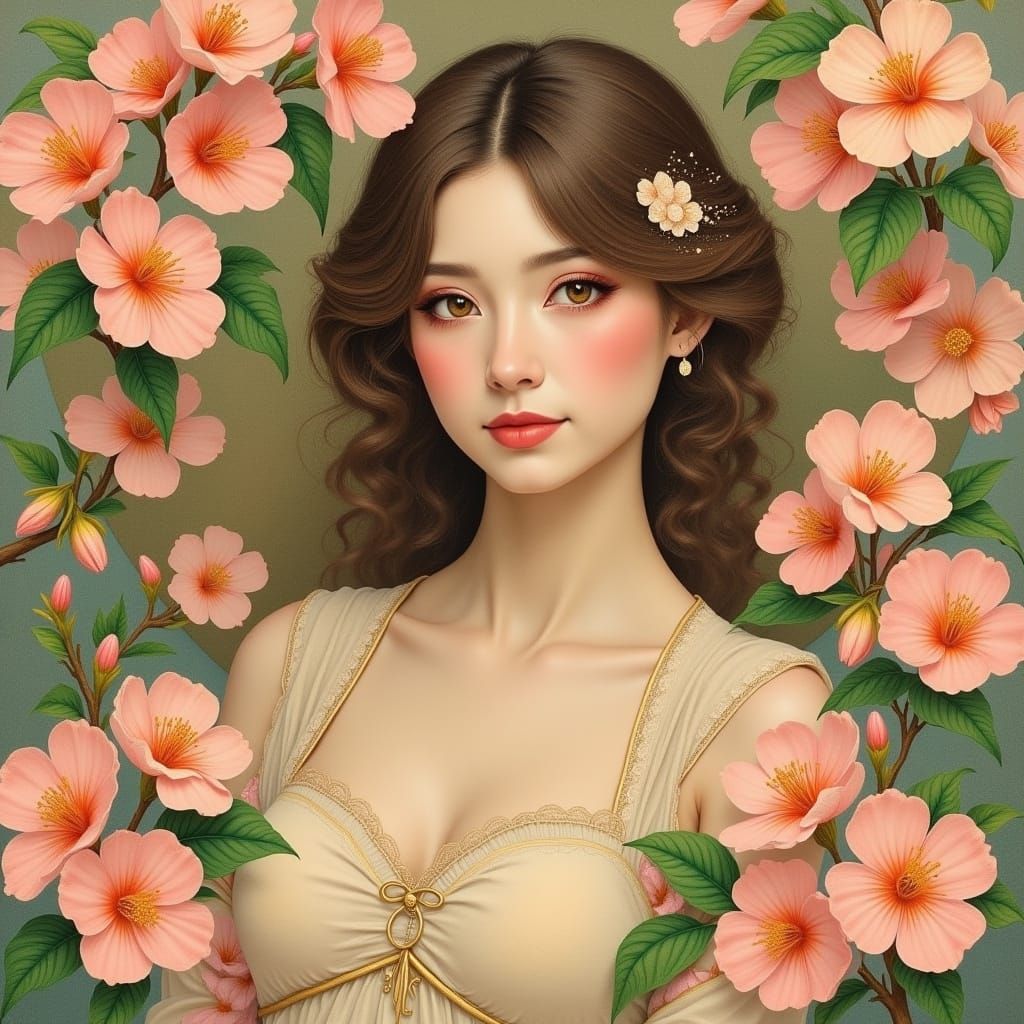 Whimsical Woman in Peach Blossom Paradise