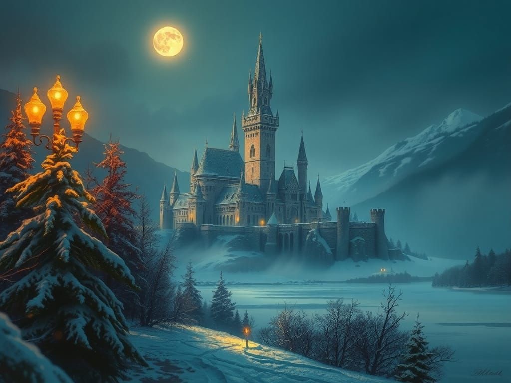 Ethereal Winter Castle Under Moonlit Skies