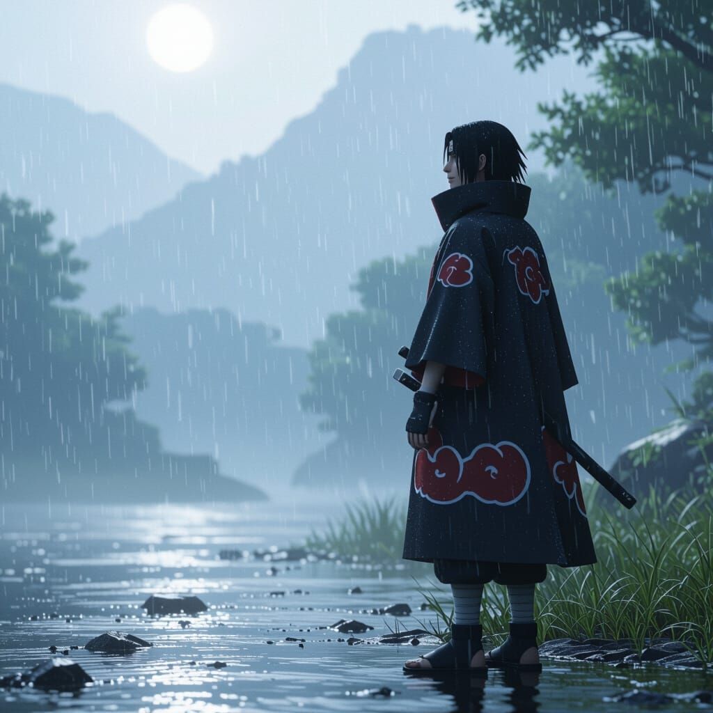 Itachi Uchiha in Rainy Landscape, Cinematic 3D Render