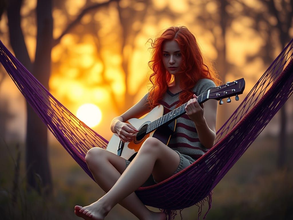 Celtic Woman Plays Guitar at Dawn: Realistic Style