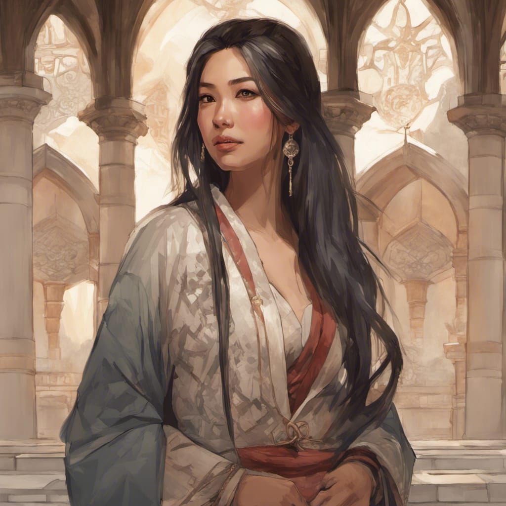 Asian Woman in Medieval Castle, Hyperdetailed Portrait