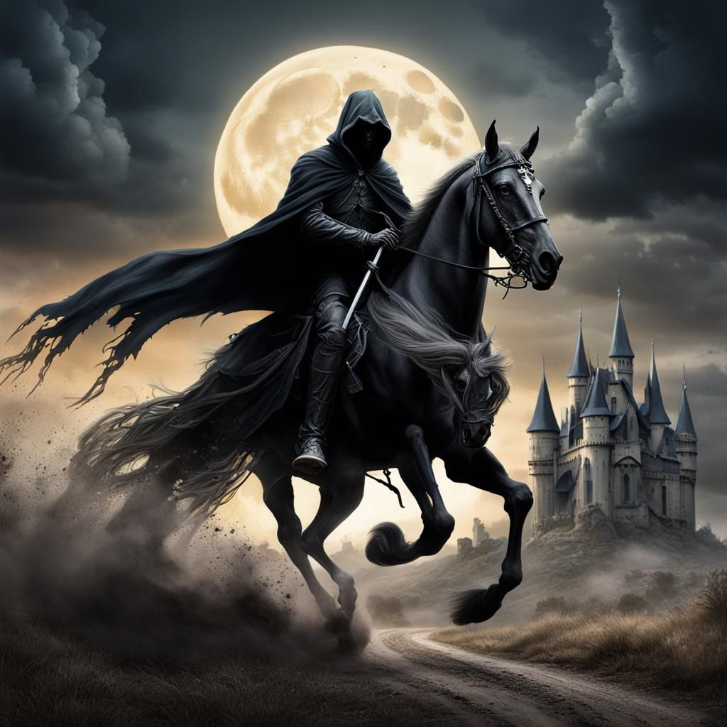 Grim Reaper on Ghost Horse in Dark Fantasy Style