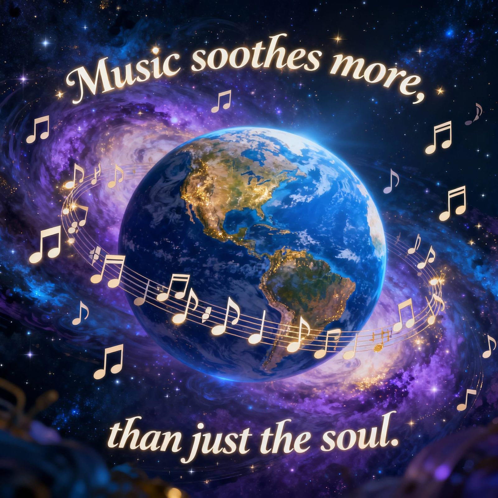 Planet Earth Swirling With Musical Notes in Cosmic Art Style