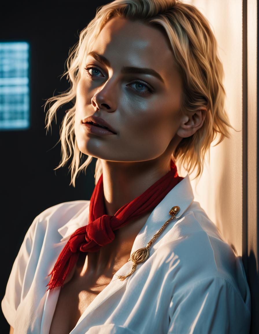 Hyperrealistic Close-Up: Woman in Dark Bathroom