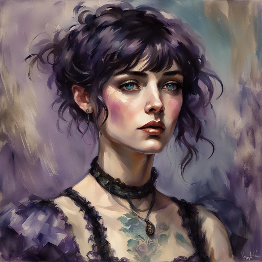 Whimsical Grunge Woman Portrait in Alla Prima Oil Style