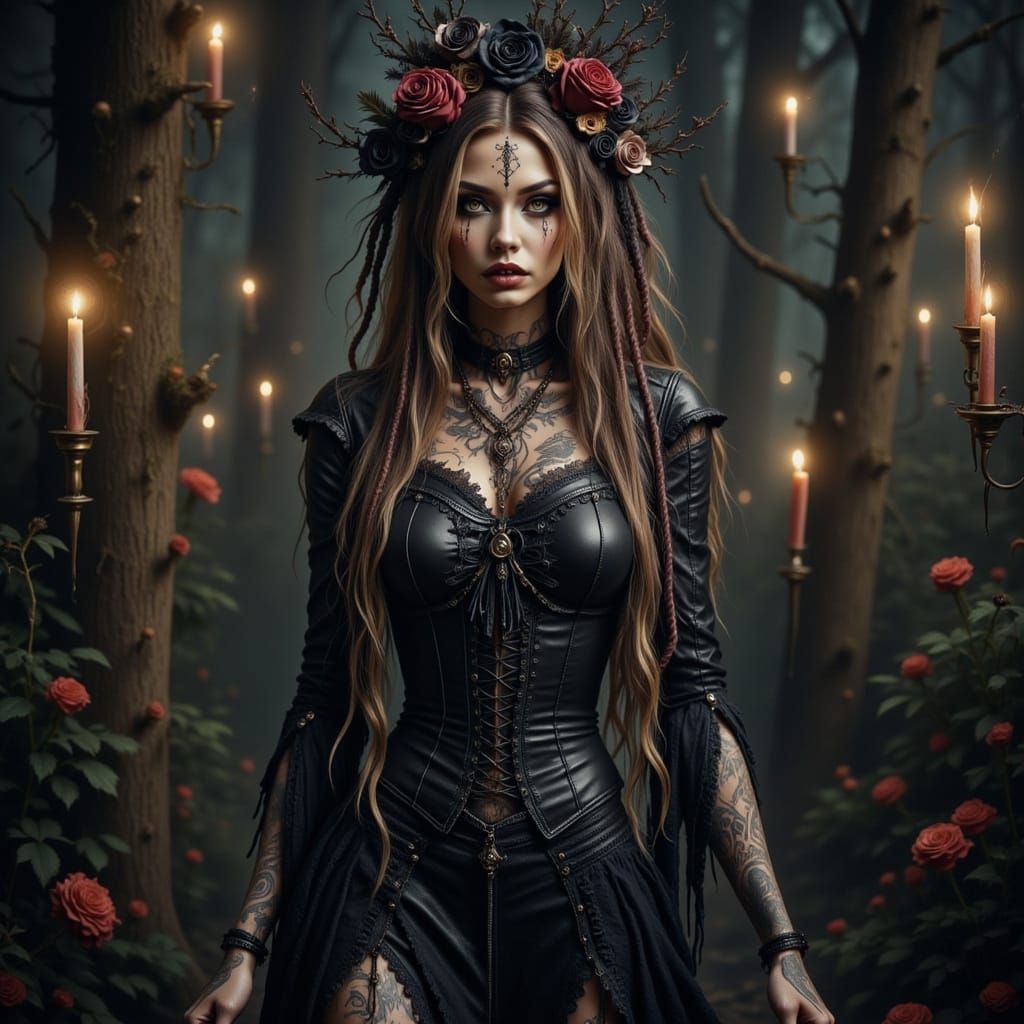 Gothic Woman in Leather with Baroque Tattoo Art