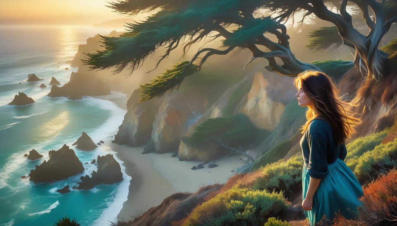 California Dreamscape: Ethereal Girl on Coastal Cliff