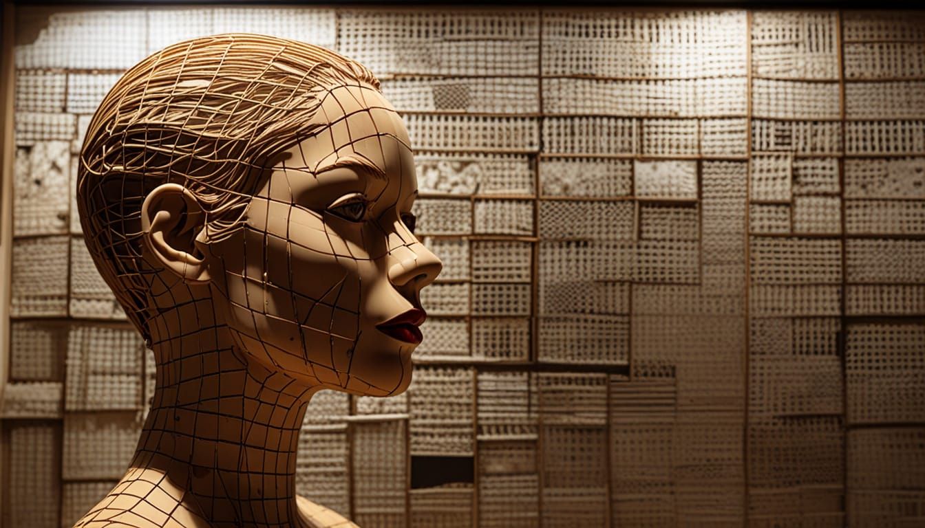 Blonde Emerges from Wireframe Mannequin in Rotoscoped Image