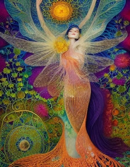 Woman Dancing in Surreal Sun and Moon Flower Watercolor