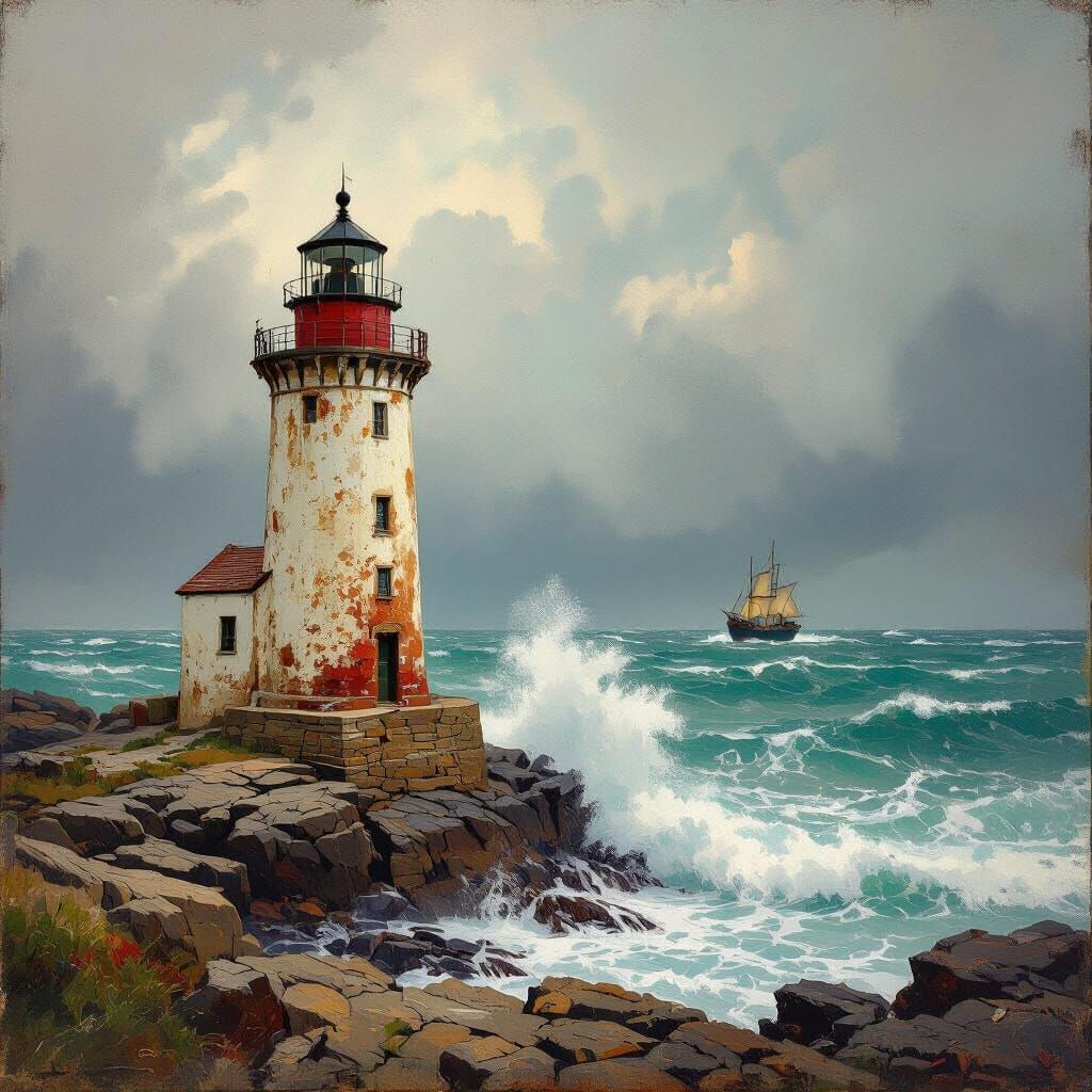 Vintage Lighthouse on Stormy Coastline