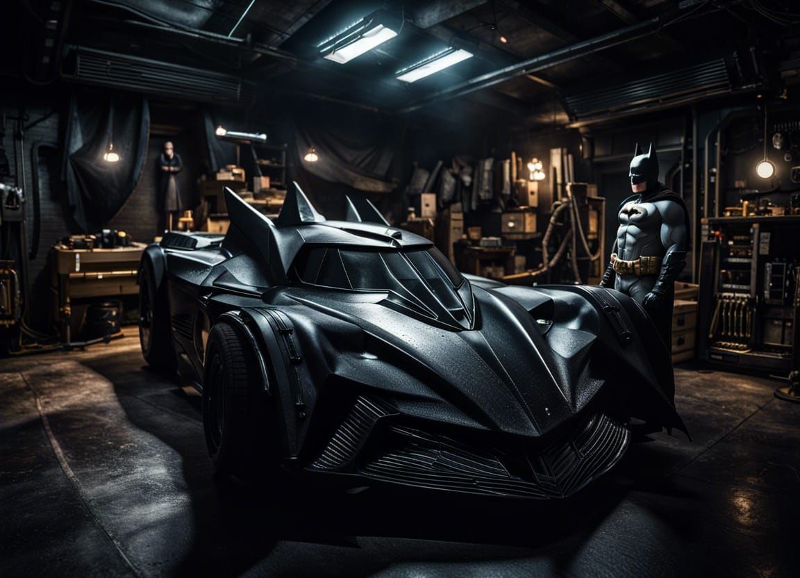 Batman and Batmobile in Detailed Batcave Scene