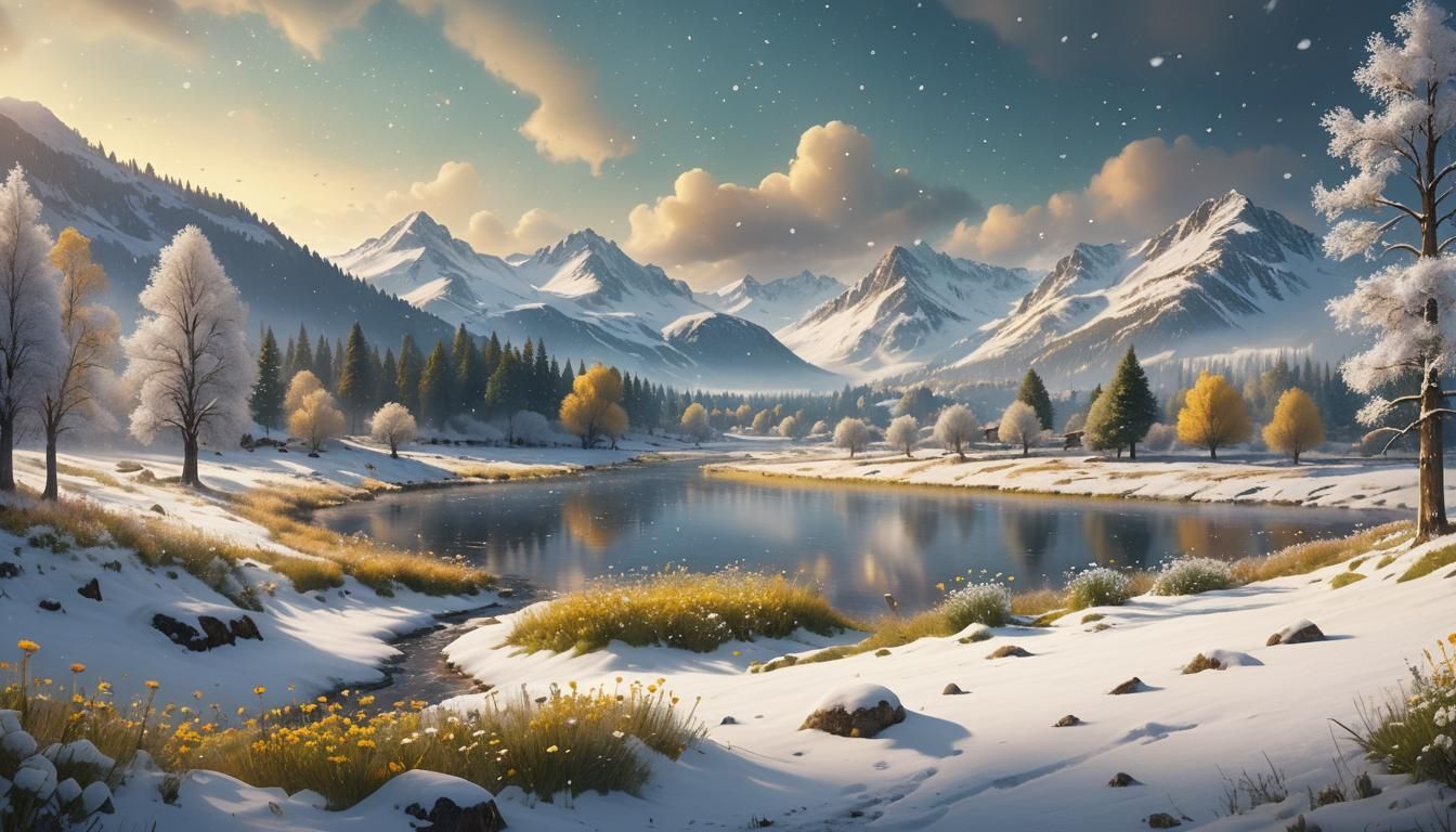 Snowy Alpine Village Under Golden Sunrise