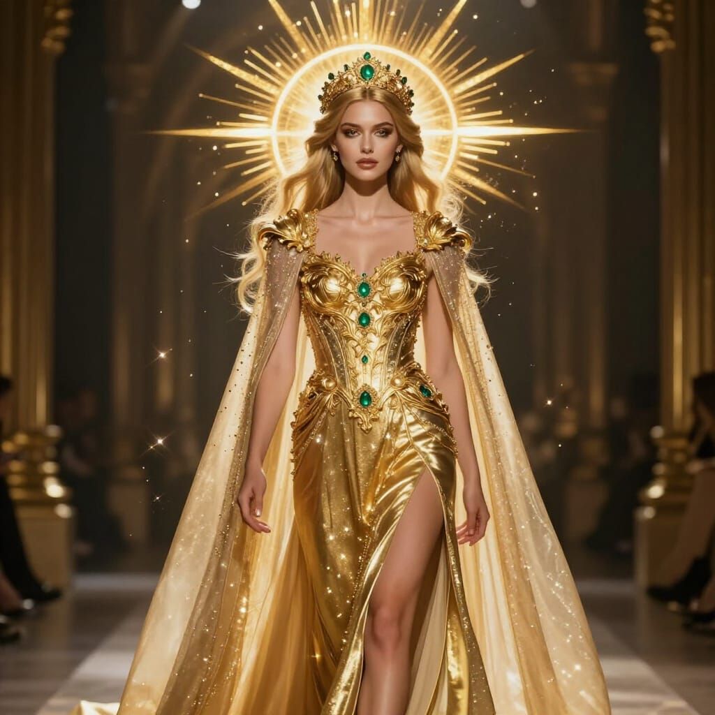 Golden Goddess in Futuristic Corridor