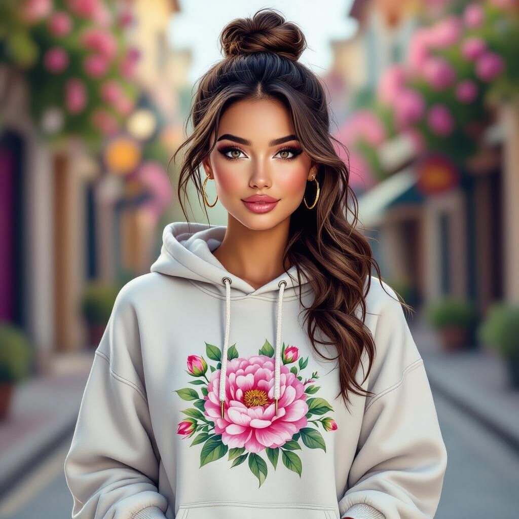 Hyperrealistic Woman in Floral Hoodie on Flower-Adorned Stre...