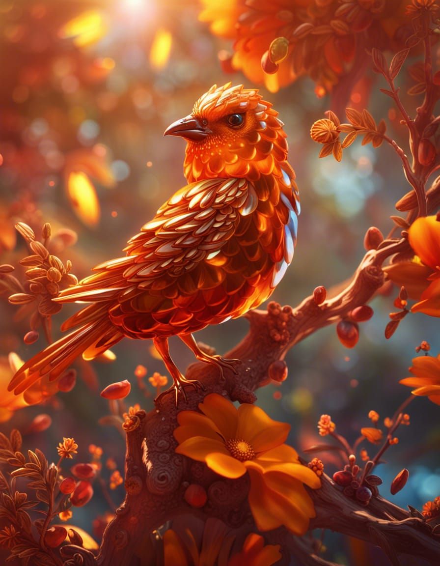 Crystal Bird with Hibiscus Flowers, Matte Painting