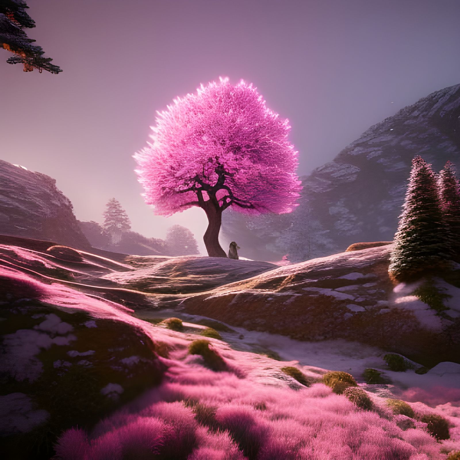 Winter Tree with Pink Lighting, Matte Painting
