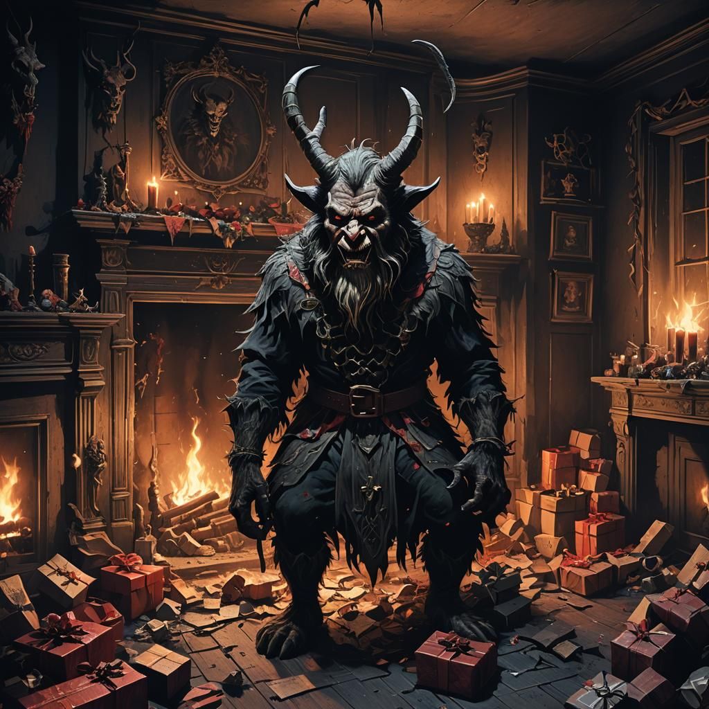 Krampus in Dark Fantasy Christmas Living Room