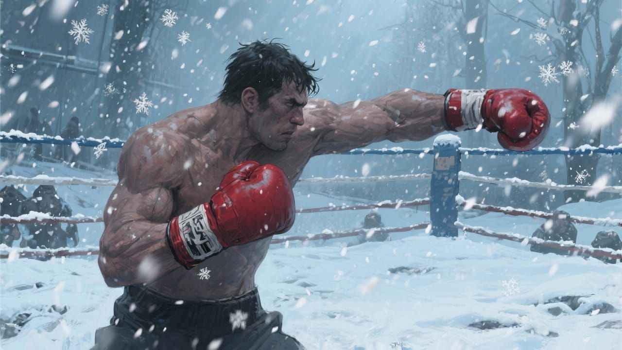 Boxer Fights in Snowy Ring with Dramatic Lighting