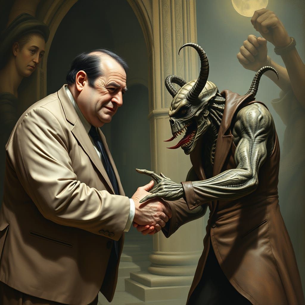 Vampire Politician and Billionaire Shake Hands in Dark, Intr...
