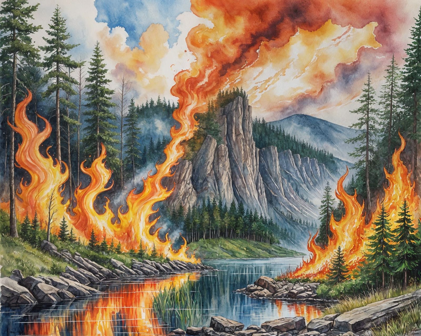 Intense Fire Tornado in Watercolor Illustration