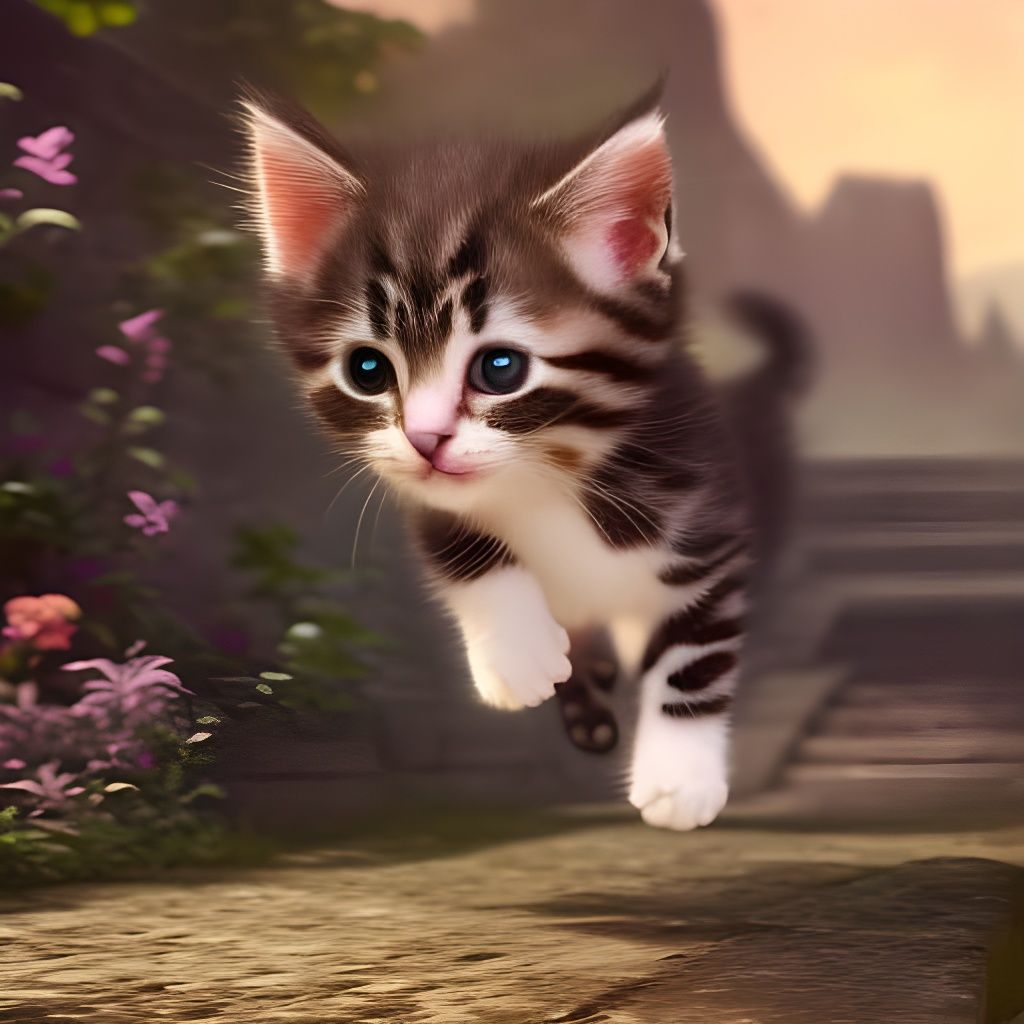 Cute Kitten Running in Detailed Digital Art