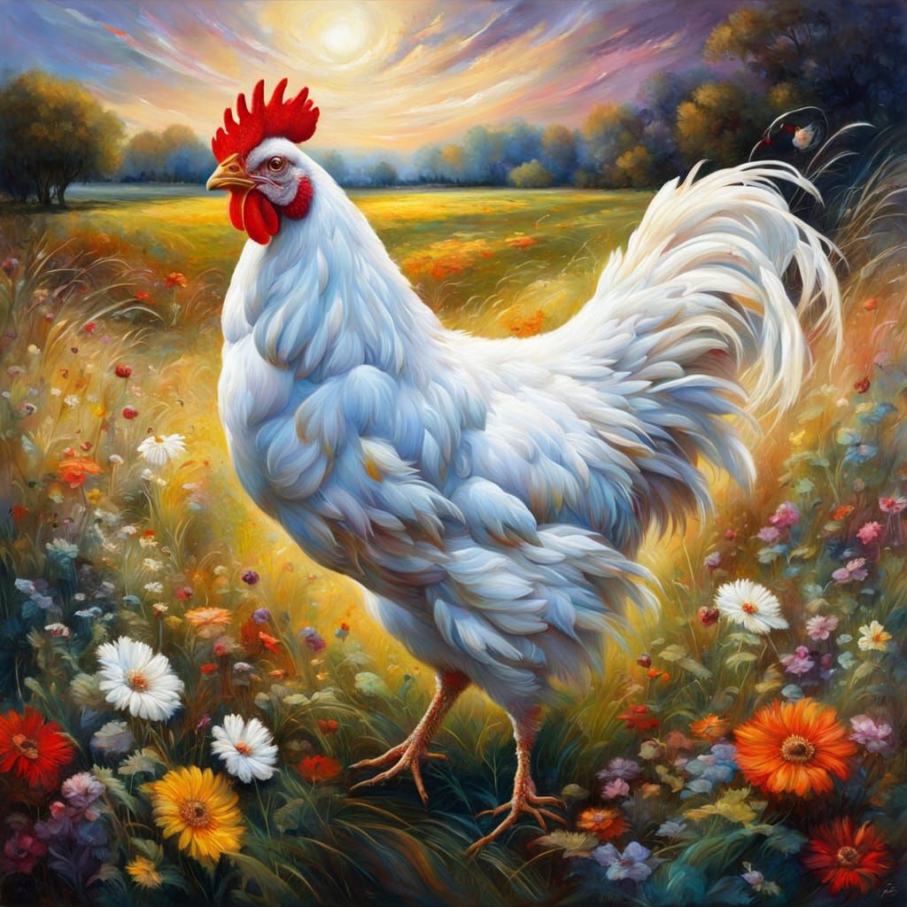 Whimsical Fantasy Chicken in a Quaint Meadow