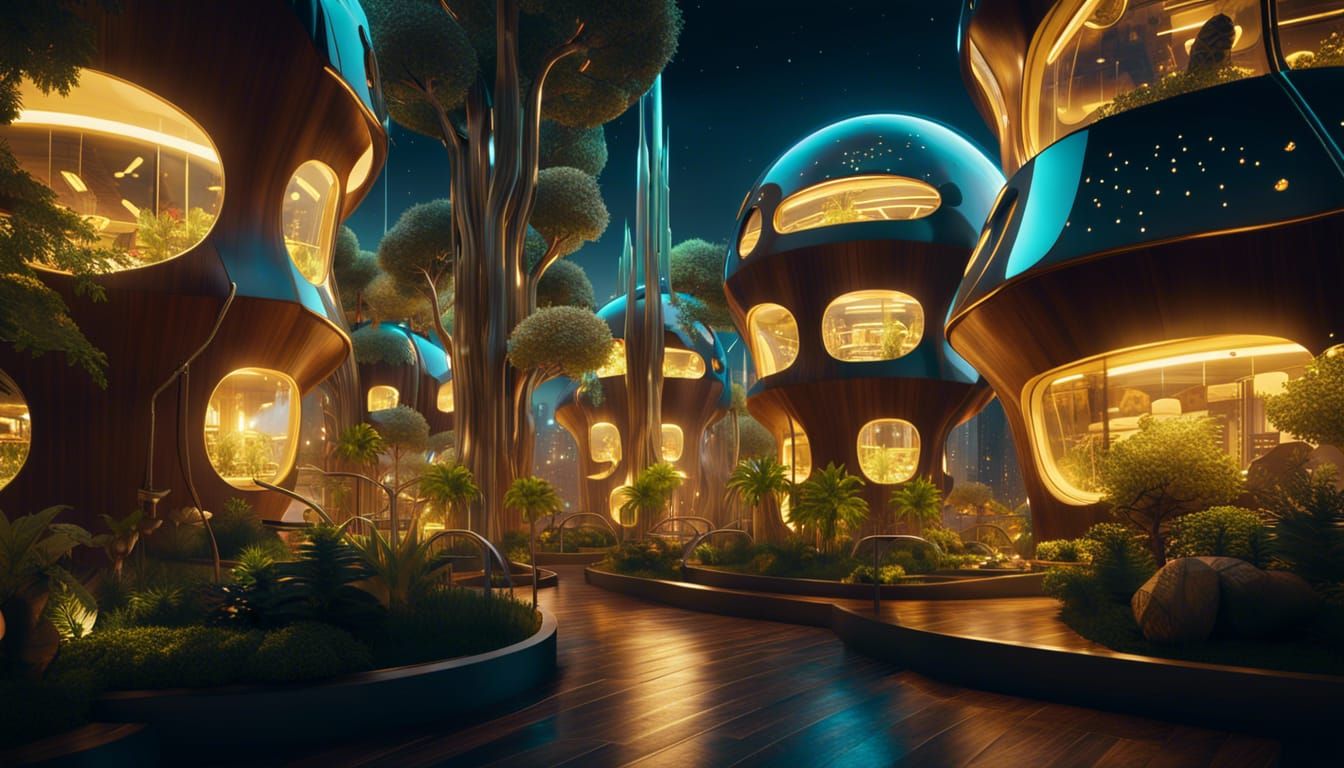 Futuristic Small Town at Night in Retrofuturism Style