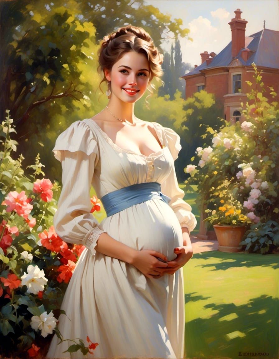 Joyful Pregnant Victorian Woman in Garden Portrait