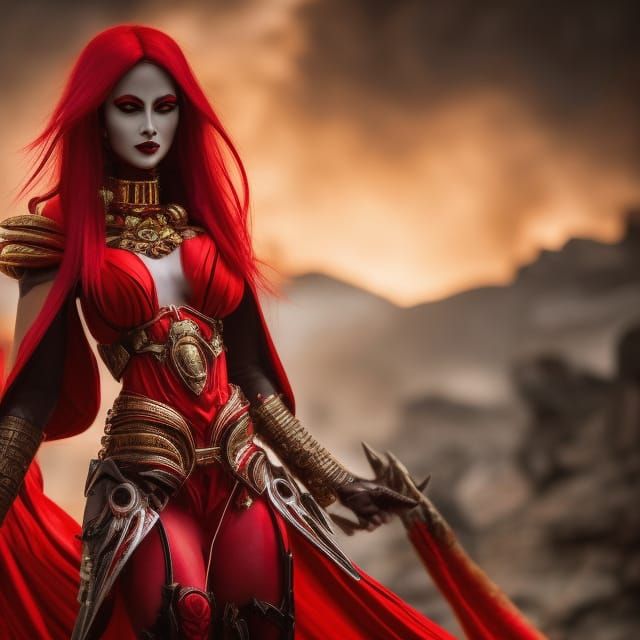 Red Alien Mage in Firelight, Art Nouveau Style