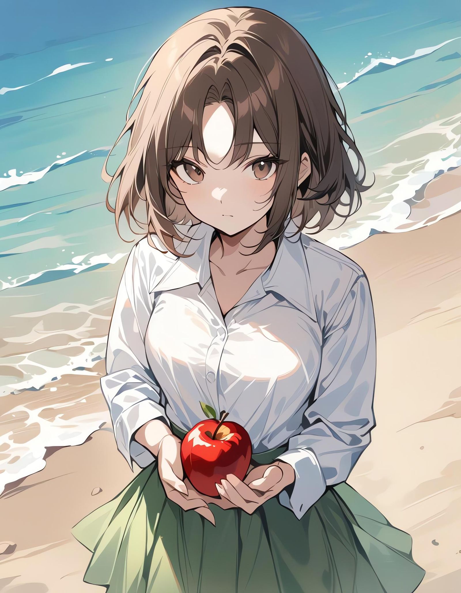 Girl with Apple on Beach in Cowboy Shot