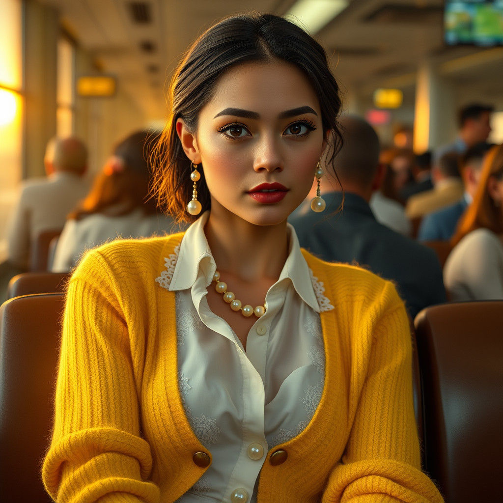 Brunette in Yellow Cardigan, Airport Scene, as Digital Art