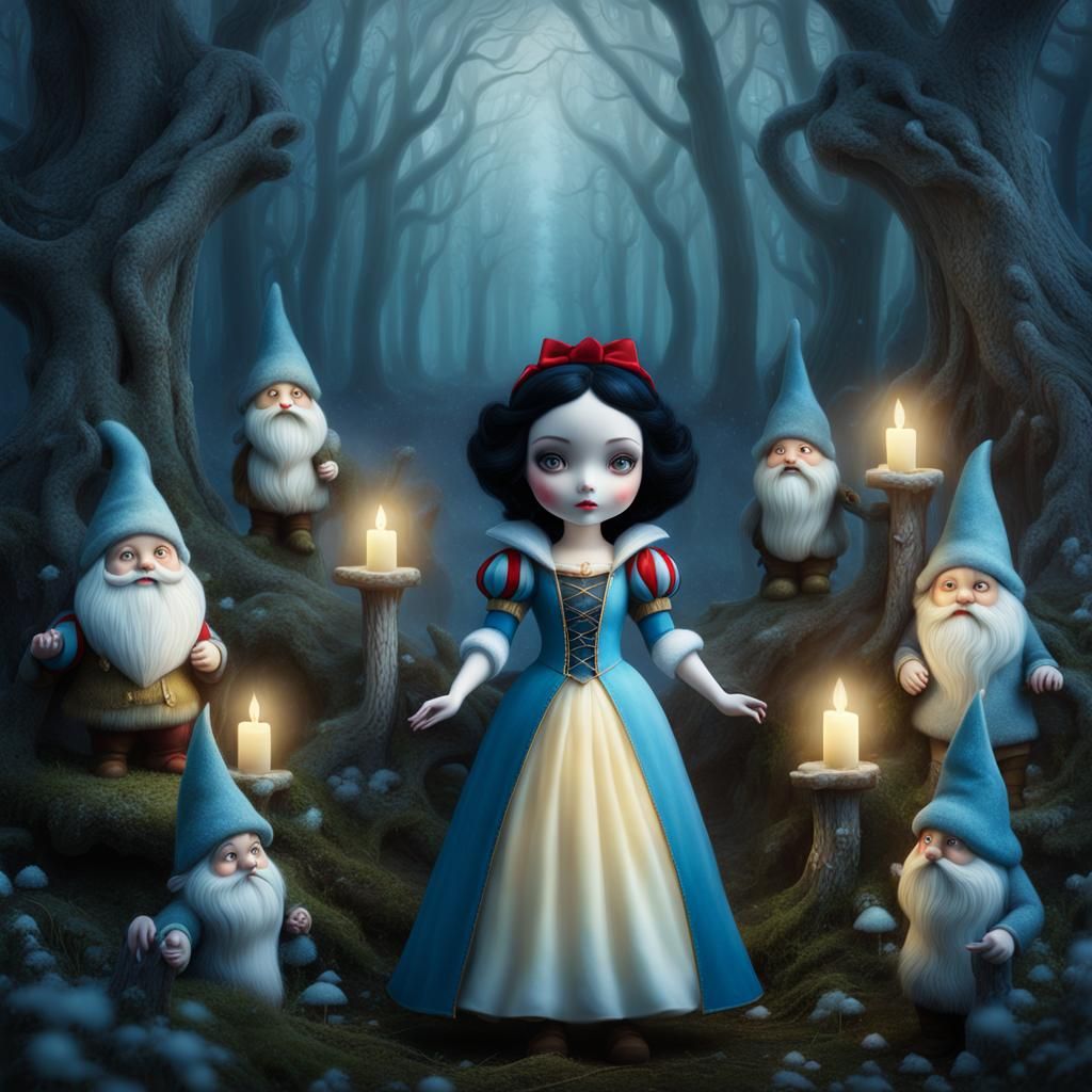 Snow White and Gnomes in Gothic Art Style