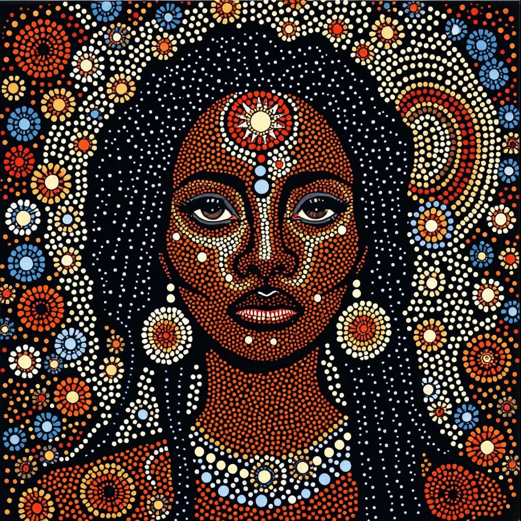 Wandjina Style Portrait with Cosmic Fractal Patterns