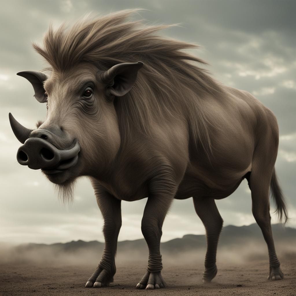 Detailed Matte Painting of Wig-Wearing Warthog