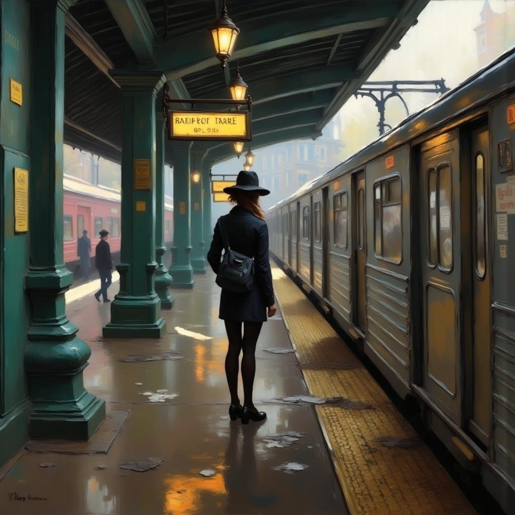 Mysterious Woman Waits at the Depot in a Dreamy Gouache Styl...
