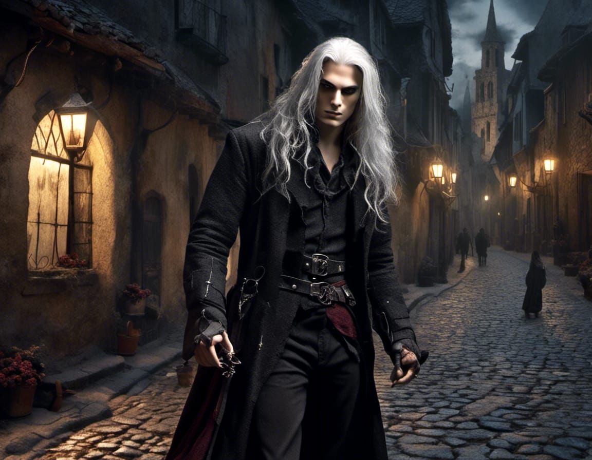 Handsome Vampire Strolls Medieval City Street