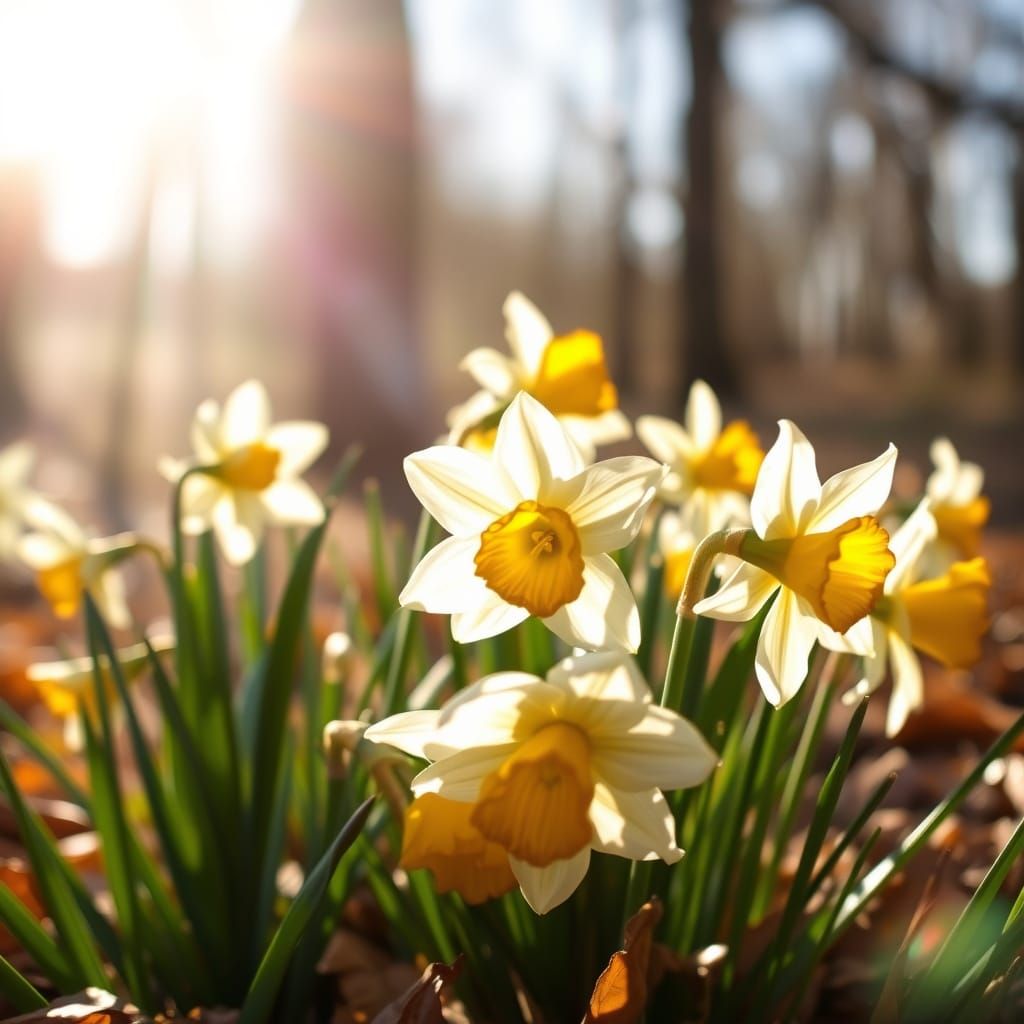Daffodils Bloom in Sunlit Forest Morning