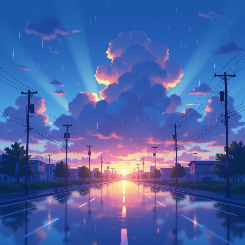 Cinematic Evening Rain Landscape in Anime Style