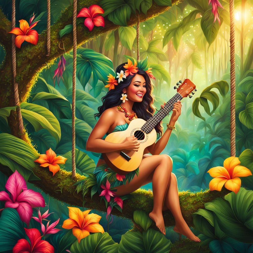 Hawaiian Woman Plays Ukulele in Tropical Rainforest
