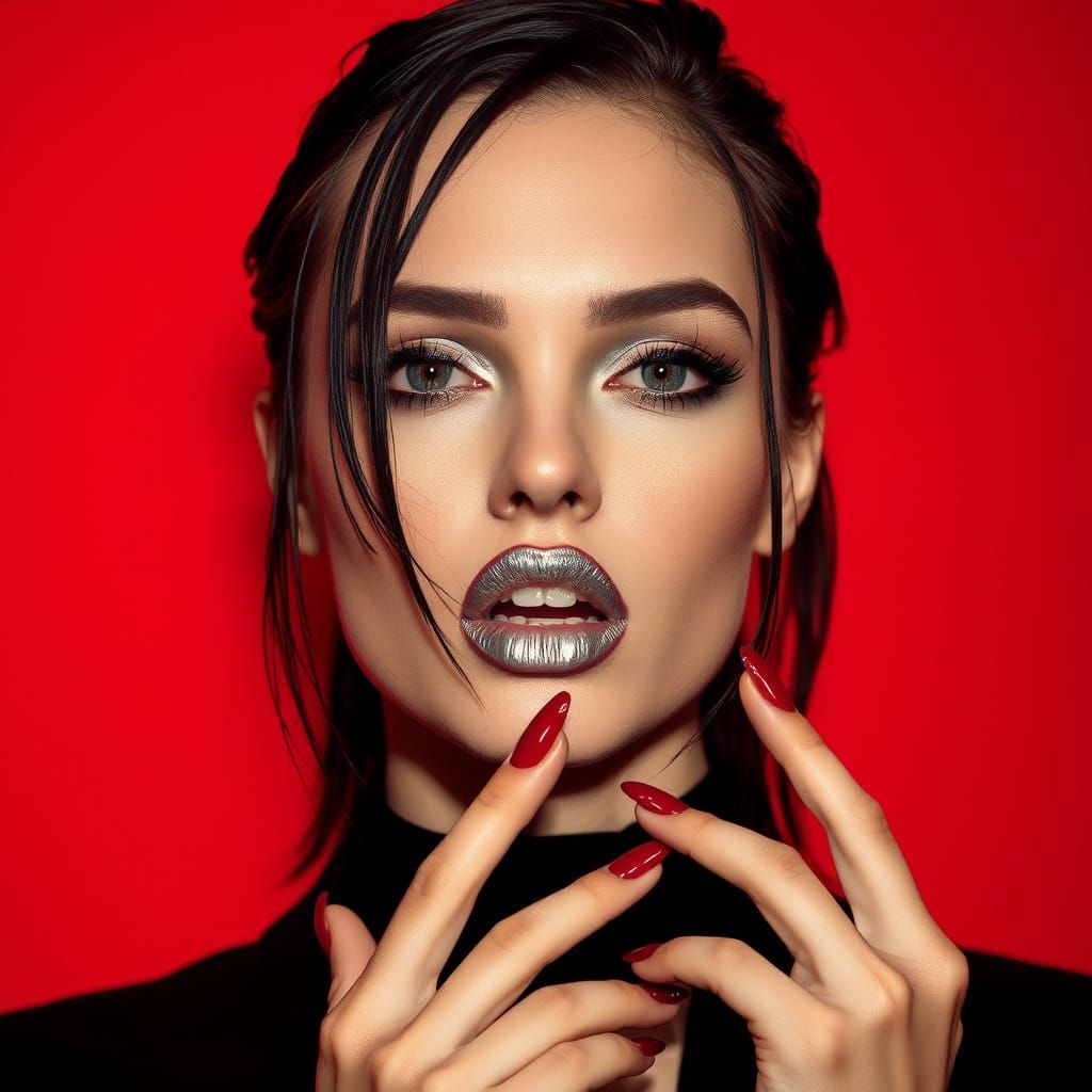 High Fashion Portrait with Wet Hair and Red Nails