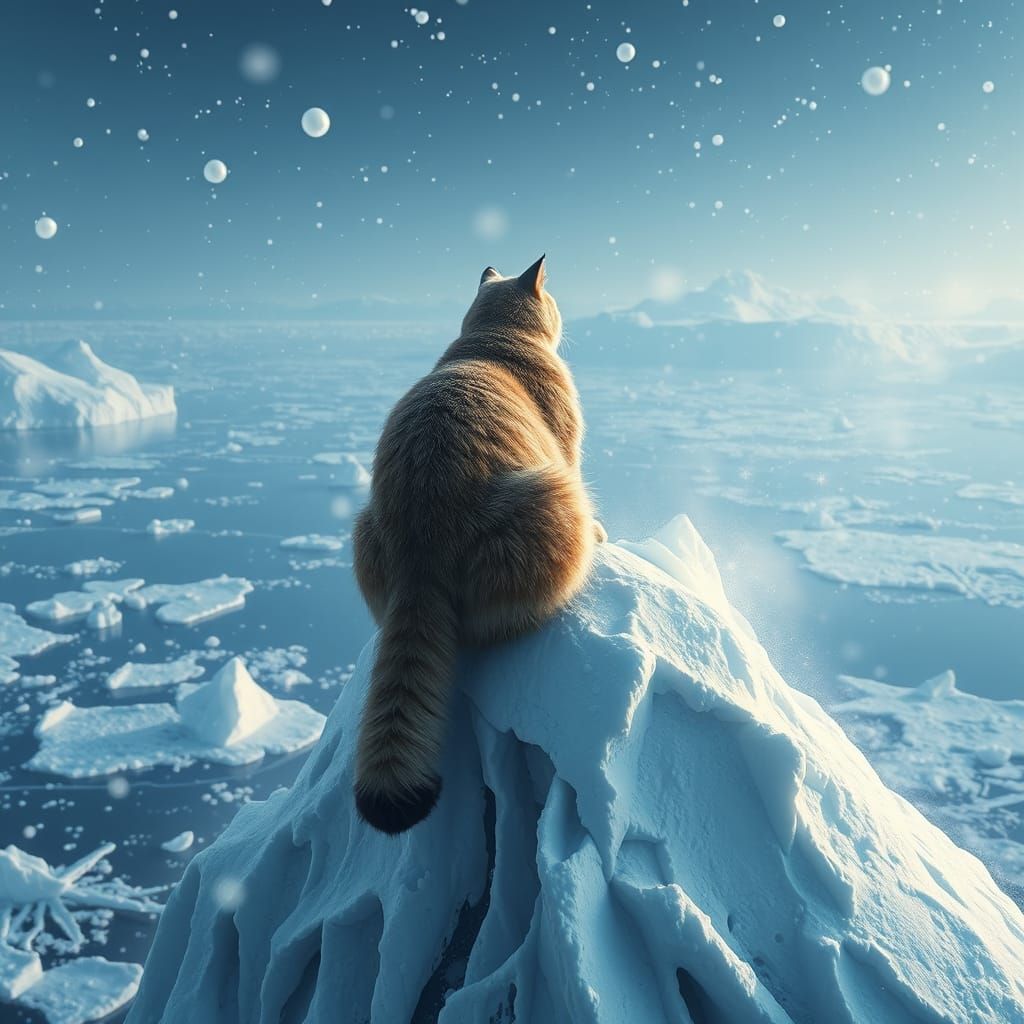 Majestic Cat in Snowy Arctic Landscape, 3D Hyper-Realism