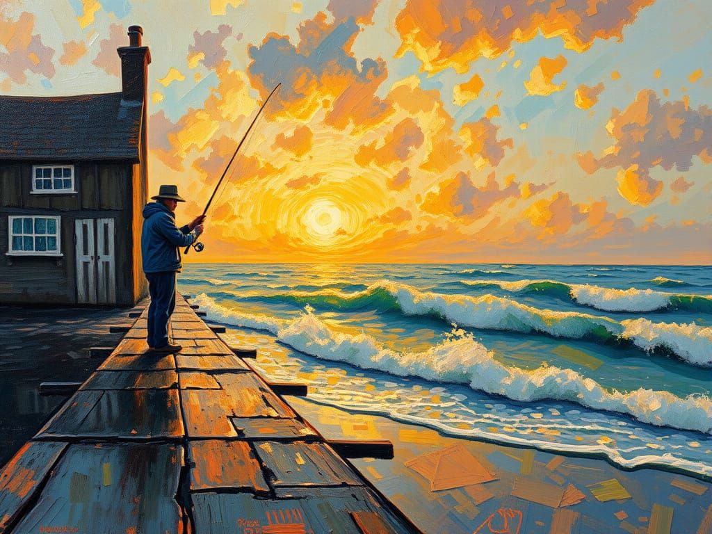 An English Coastal Pier scene High Tide at sunset with a lone Rod fisherman Casting