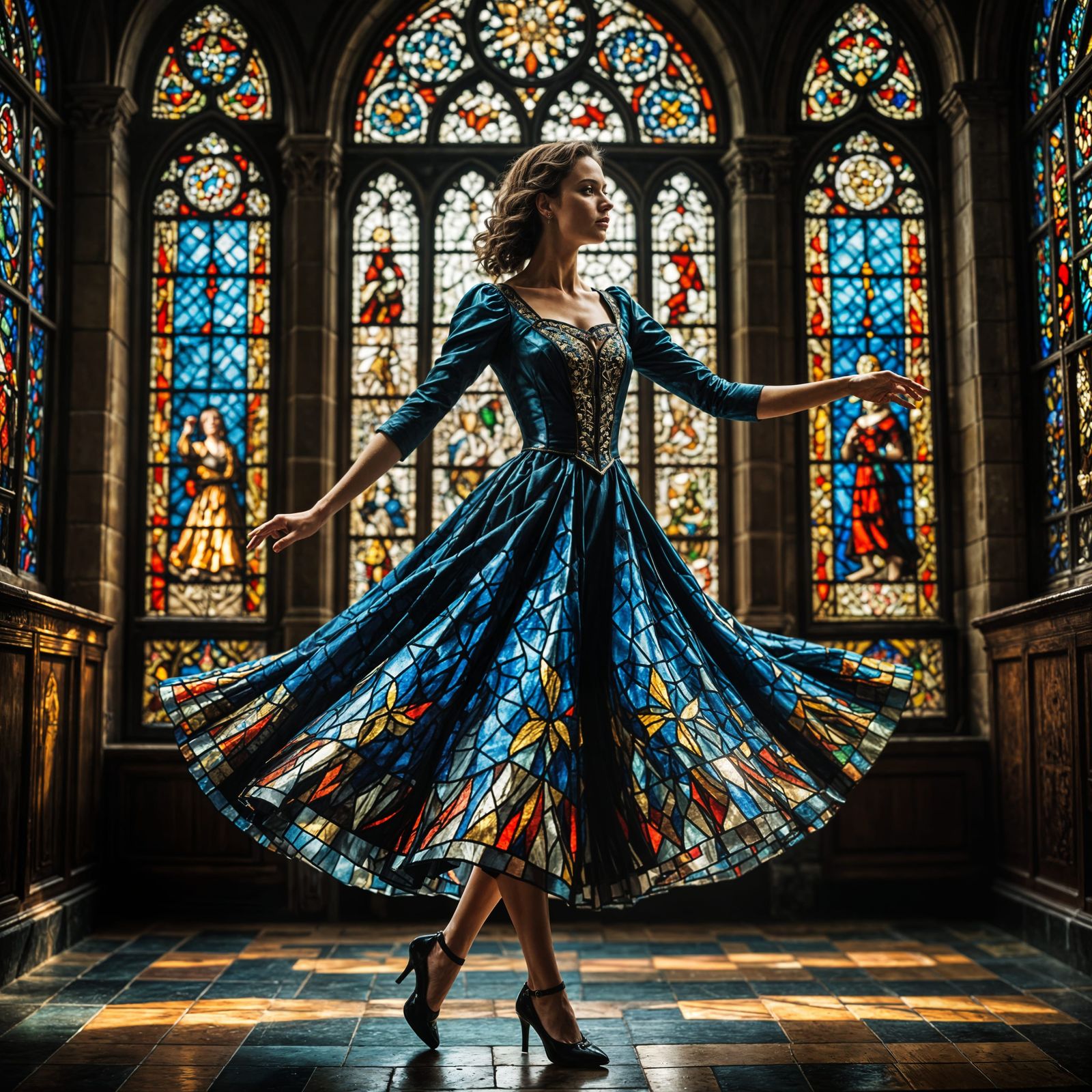 Woman Dancing in Stained Glass Frock