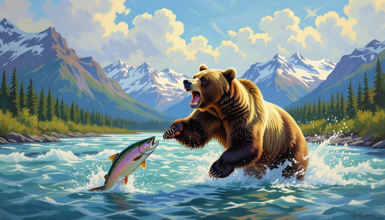 Grizzly Bear Catches Salmon in Alaskan River Oil Painting
