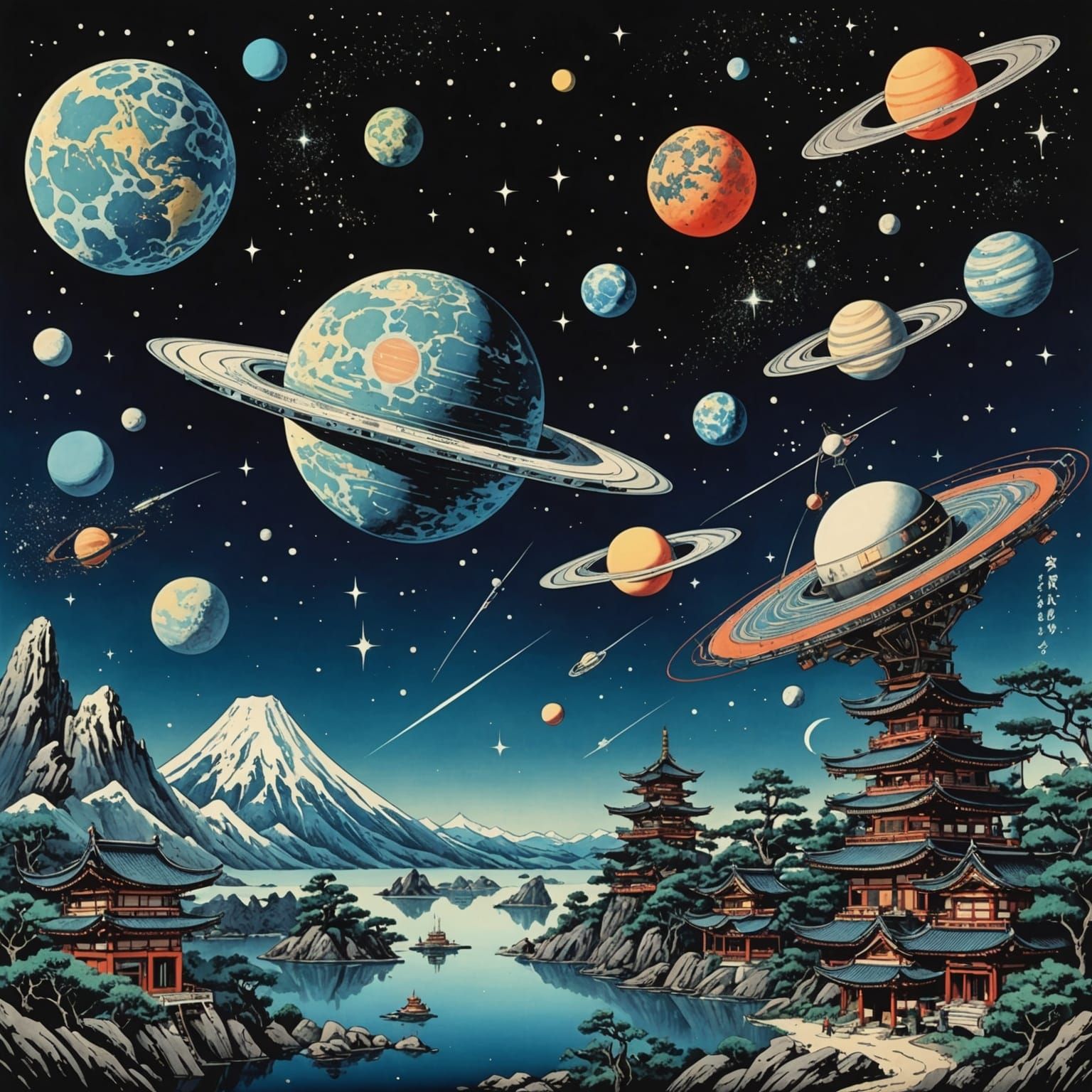 Ukiyo-e Starfield with Retrofuturistic Spaceships
