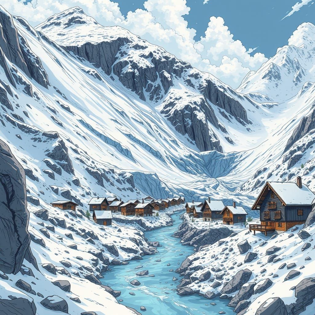 Devastating Avalanche Sweeps Swiss Village in Anime Style