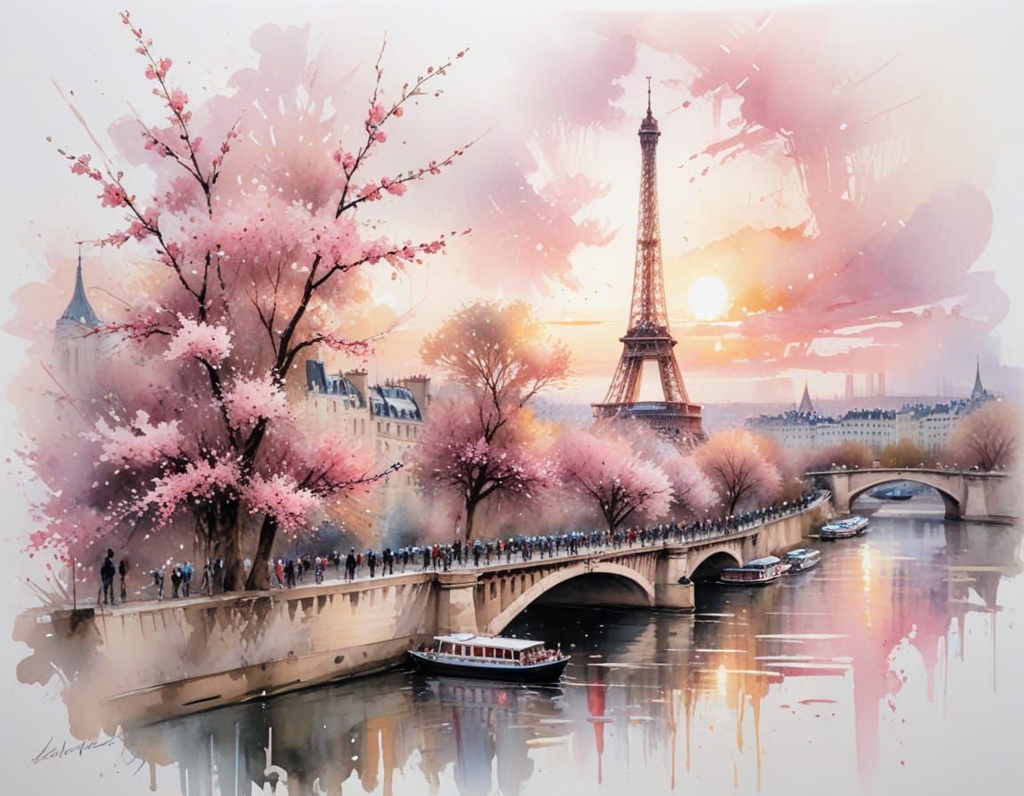 Paris Skyline with Eiffel Tower Amid Spring Blossoms in Wate...