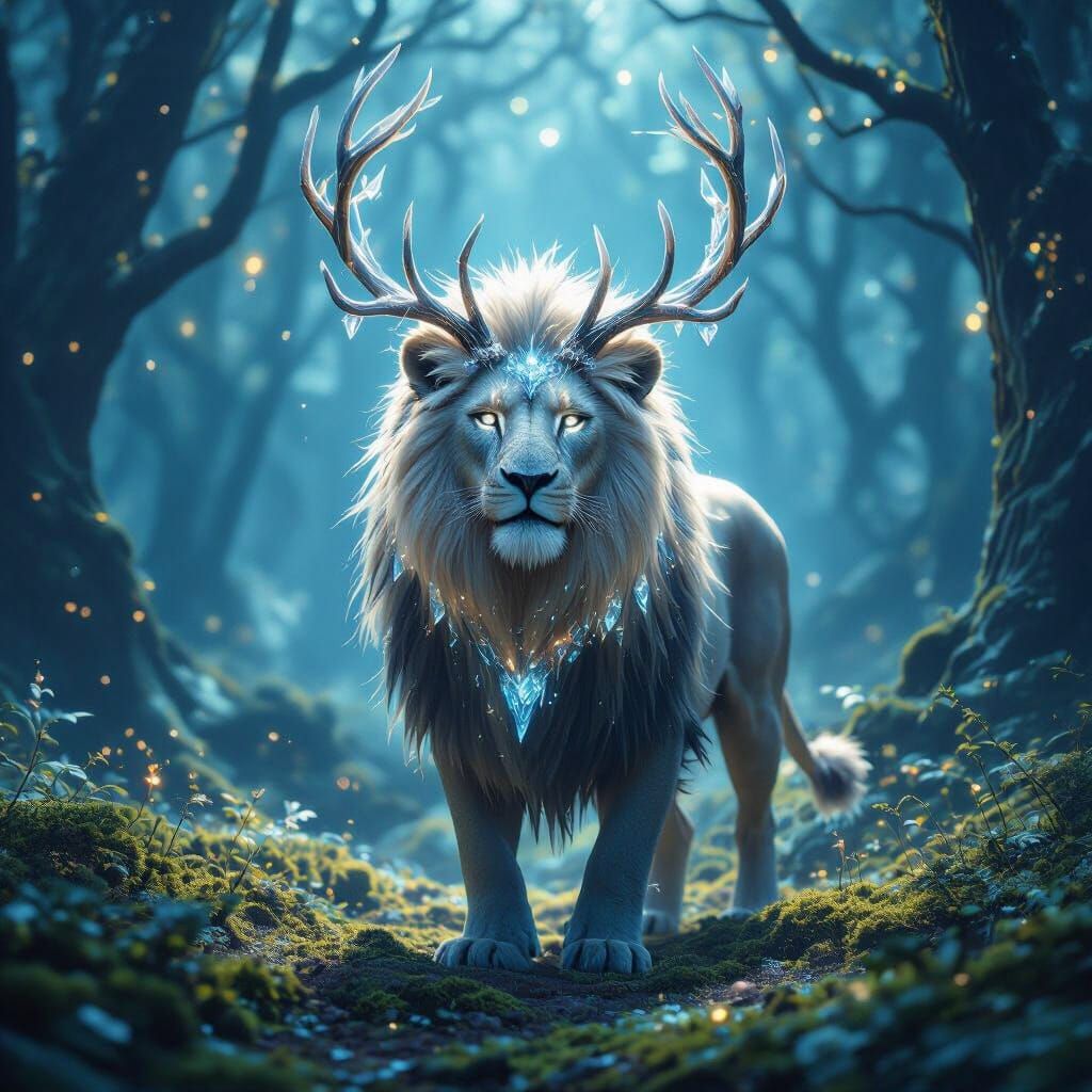 Crystal Antler Lion in Bioluminescent Dreamscape