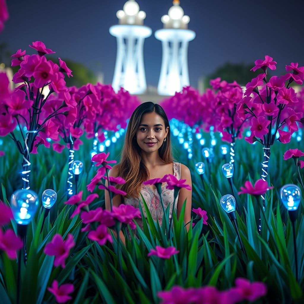 Woman in Pink Flowers with Blue LED Lights