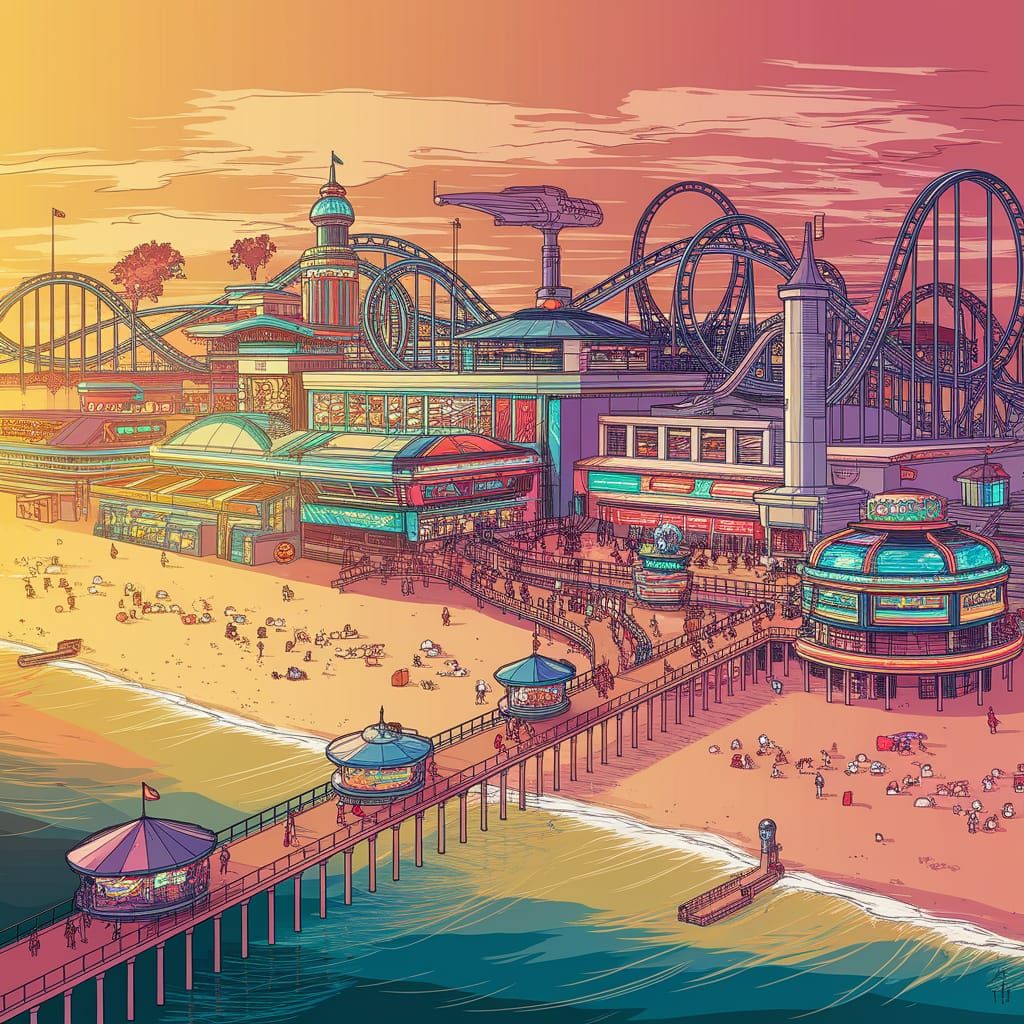 Psychedelic Amusement Park on Beach in Cyberpunk Style
